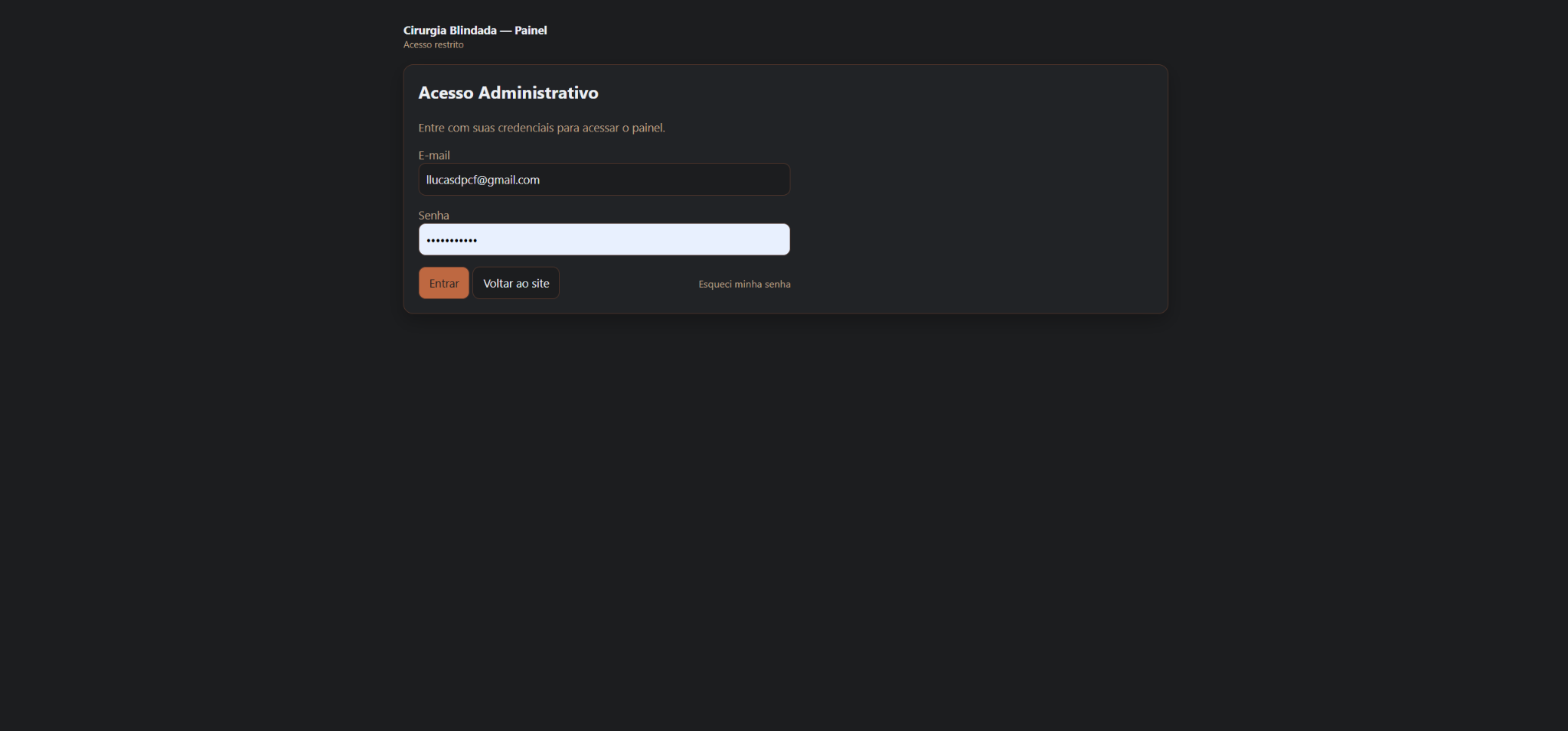 Tela de login administrativo do Cirurgia Blindada