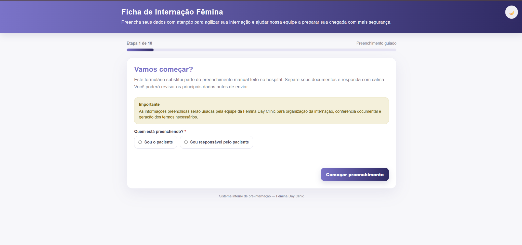 Formulário público do sistema Fêmina Internação