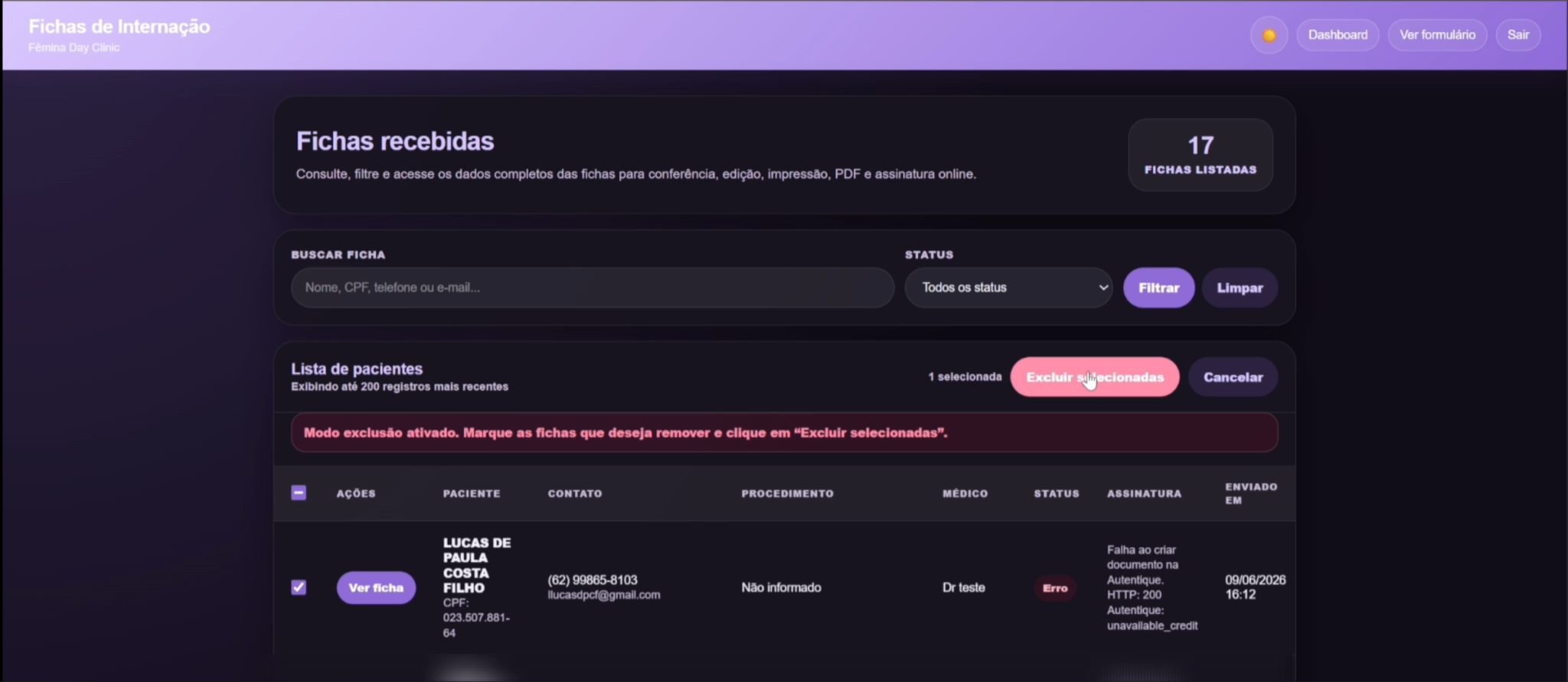 Lista de fichas com modo exclusão