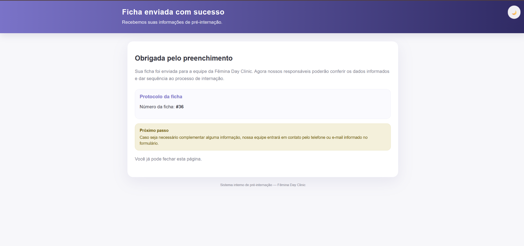 Tela de confirmação após envio